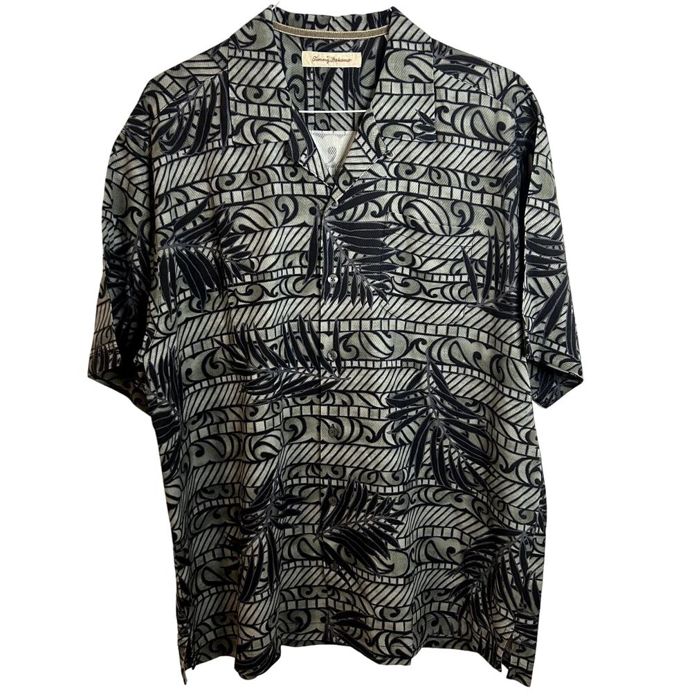 Tommy Bahama Silk Hawaiian Button Up Shirt Mens Size Xl Gray Navy Floral Tribal